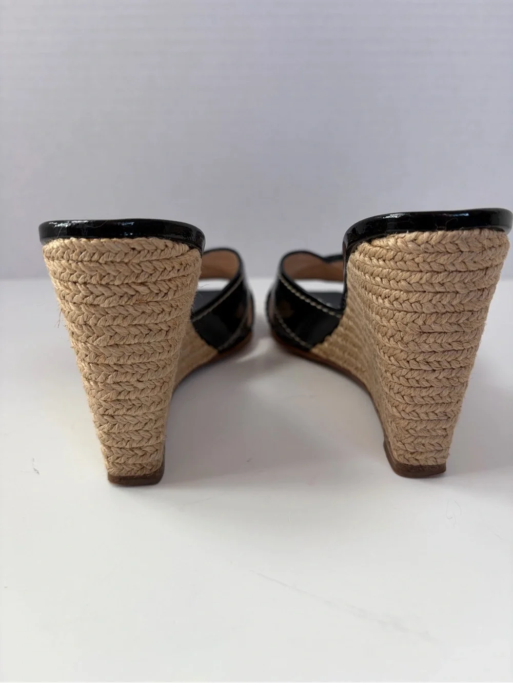 Prada Espadrille Wedge Sandals Vernice Buckle Patent Leather Black Size 38.5